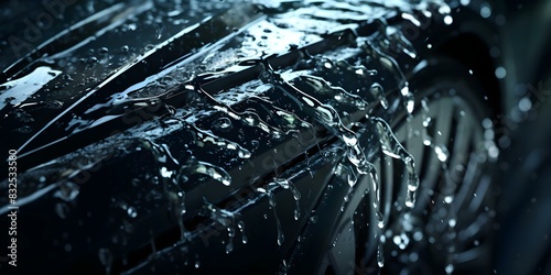 Tears of Cleansing: Closeup of Water Droplets Flowing Down a Car. Concept Close-up Photography, Water Droplets, Car Detail, Emotional Imagery, Cleansing Symbolism photo