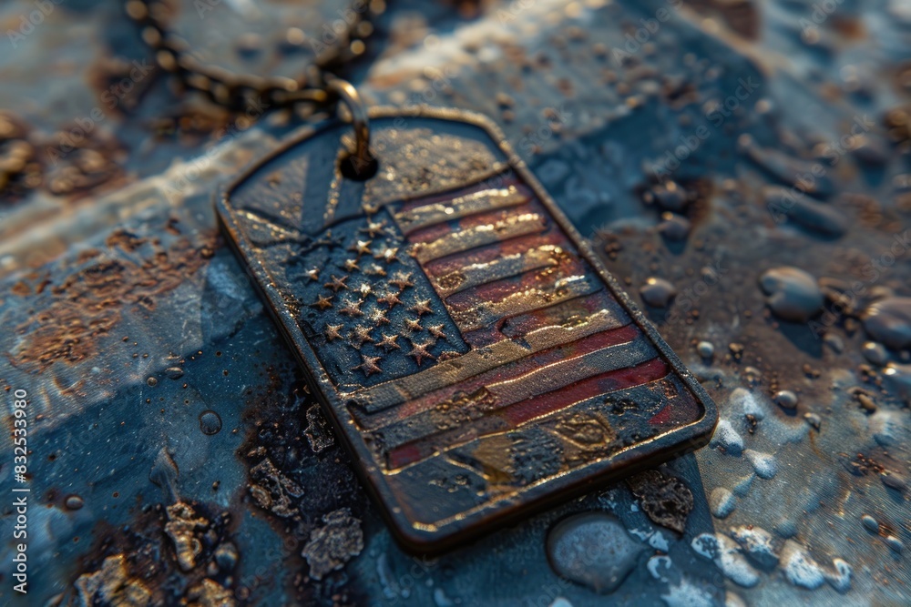 A close-up of a military dog tag with the American flag etched into it ...