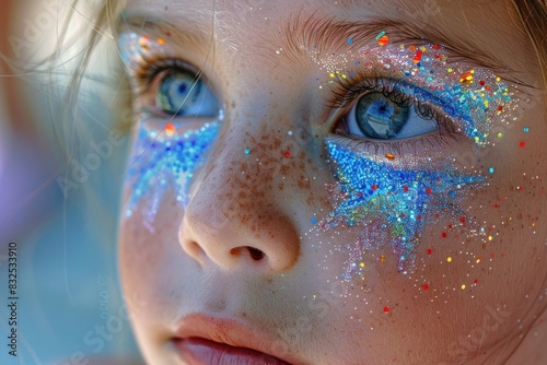A close-up of a child's face with patriotic face paint, symbolizing Independence Day in the USA. The detailed stars and stripes on the child's cheek are vibrant and cheerful. The background is softly