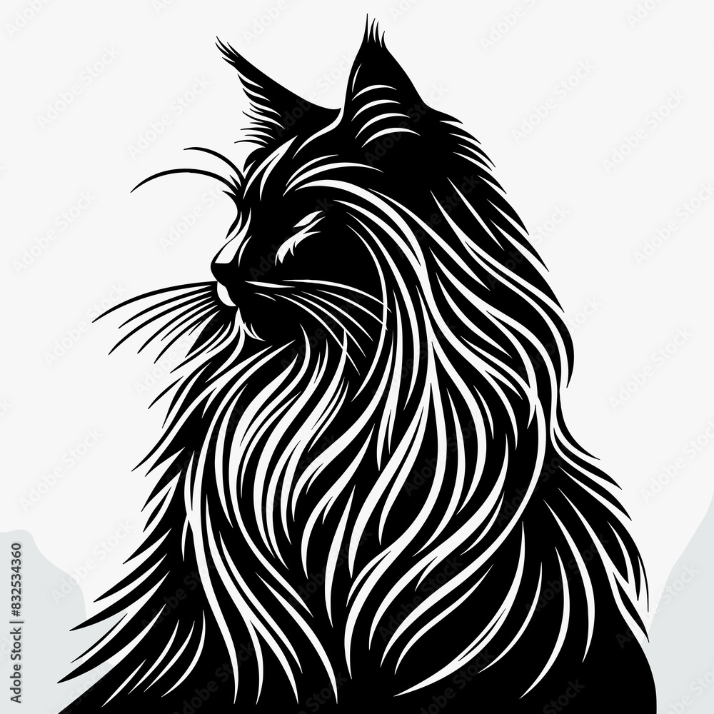 Black and White Silhouette of a Maine Coon Cat on Light Background Black and White Silhouette of a Maine Coon Cat on Light Background
