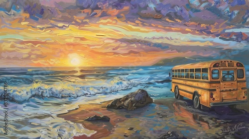 School bus on the beach at sunset for travel and nostalgic designs photo