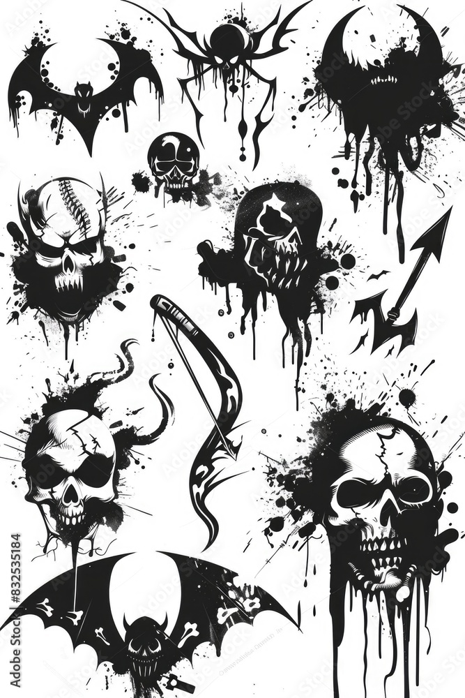 Fototapeta premium A collection of splattered skulls and bats. Ideal for Halloween themes