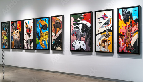 An art museum gallery with a white wall features multiple paintings in black frames  each depicting different iconic wildlife scenes in abstract forms.