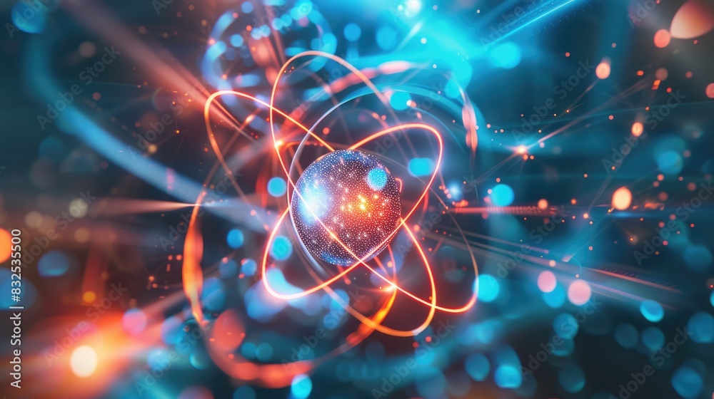 Simulation of electrons orbiting a nucleus with emphasis on quantum states selective focus, advanced physics, futuristic, double exposure, virtual reality lab backdrop Simulation of electrons orbiting a nucleus with emphasis on quantum states selective focus, advanced physics, futuristic, double exposure, virtual reality lab backdrop