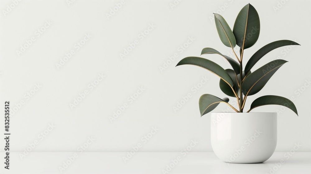 Minimalist indoor rubber plant in a white pot against a neutral background. Minimalist indoor rubber plant in a white pot against a neutral background.