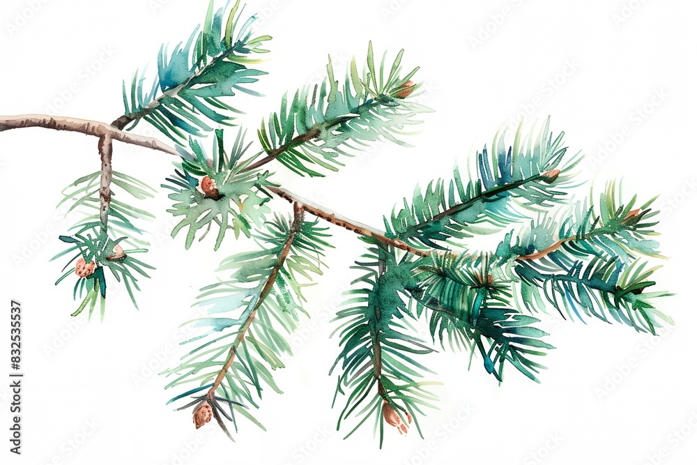 branch of a pine tree painted in watercolor on a white background branch of a pine tree painted in watercolor on a white background
