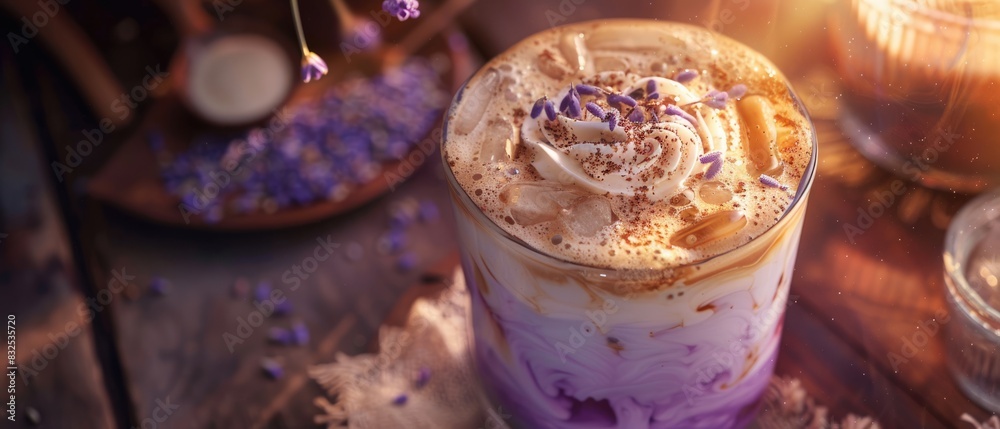 Artistic presentation of an iced lavender latte with latte art on top close up, gourmet coffee, whimsical, blend mode, artisan cafe backdrop