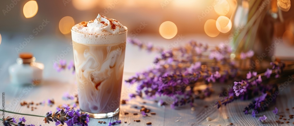 Artistic presentation of an iced lavender latte with latte art on top close up, gourmet coffee, whimsical, blend mode, artisan cafe backdrop