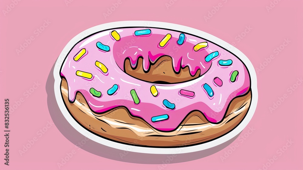 Colorful cartoon donut with pink icing and sprinkles on a pink background, perfect for a fun and tasty design. Colorful cartoon donut with pink icing and sprinkles on a pink background, perfect for a fun and tasty design.