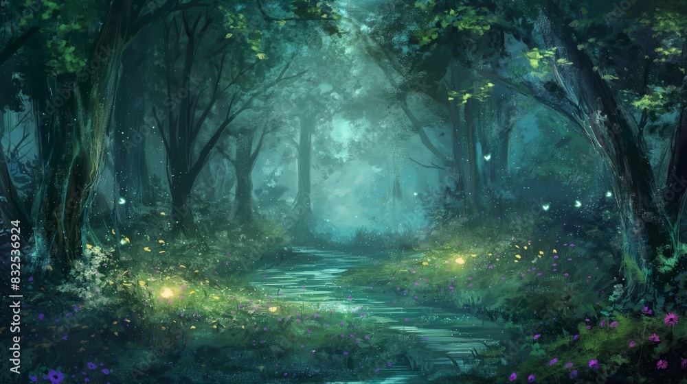 Obraz premium Enchanted forest path illuminated by fireflies under moonlight with mysterious glow.