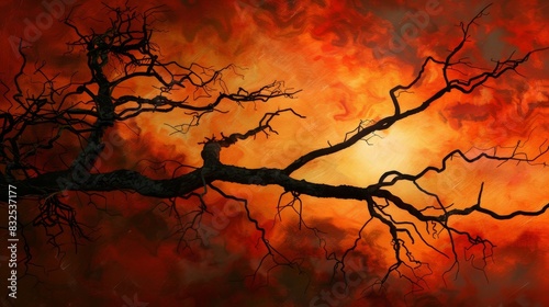 Silhouette of a bare tree against a fiery sunset for halloween or horror design