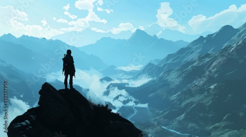 Silhouette of a man standing on a mountain peak overlooking a valley
