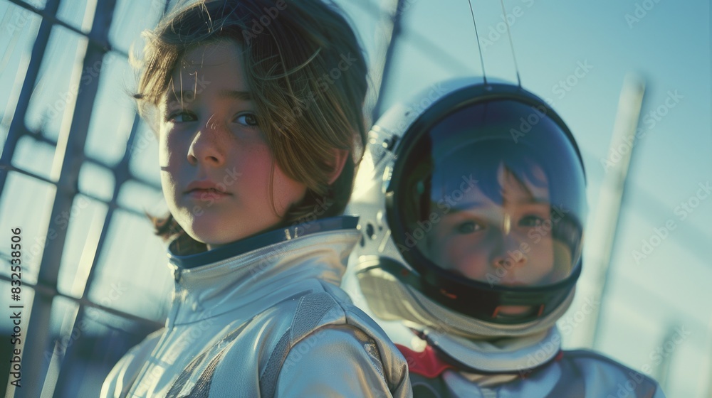 Two children wearing space suits standing side by side. Suitable for educational and science-related projects Two children wearing space suits standing side by side. Suitable for educational and science-related projects