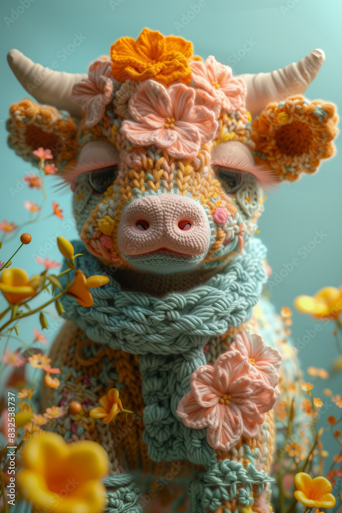 Obraz premium cute crochet cow in flowers background/poster/web/banner/card