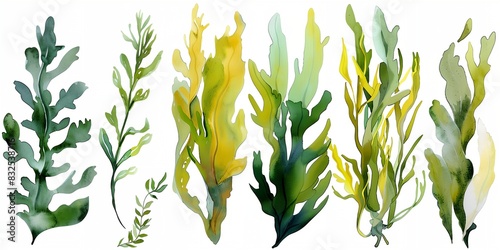set of watercolor seaweeds on a white background, each with different colors and sizes