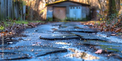Decrepit City Street: Potholes, Damaged Asphalt, and Broken Garage. Concept Urban Decay, Street Conditions, Infrastructure Issues, Broken Cityscape, Neglected Roads photo