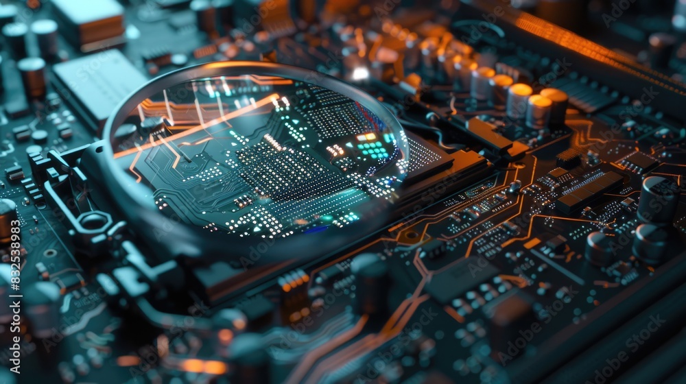 A close-up of a magnifying glass examining a circuit board A close-up of a magnifying glass examining a circuit board