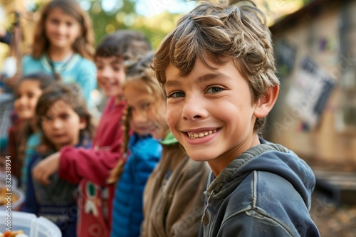 Group of children participating in community service activities Distributing food in shelters