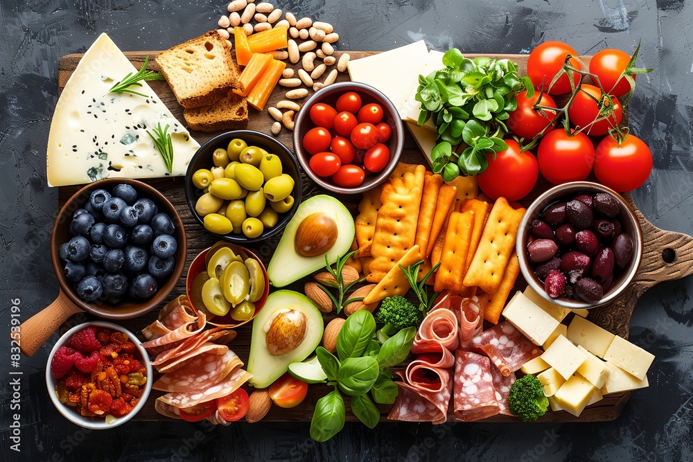 a platter of cheese, olives, tomatoes and other foods a platter of cheese, olives, tomatoes and other foods