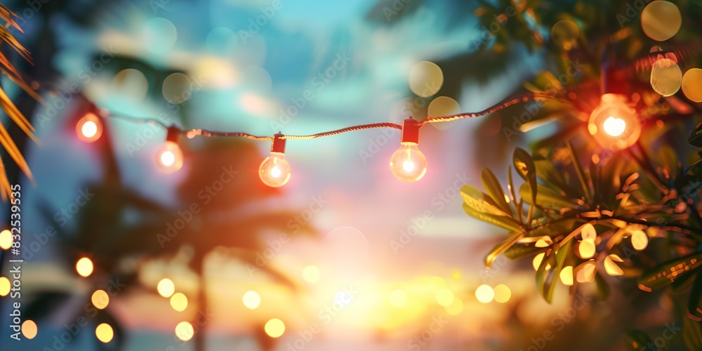 a string of lights hanging from a tree with a blurry background of palm trees and a sunset in the background a string of lights hanging from a tree with a blurry background of palm trees and a sunset in the background