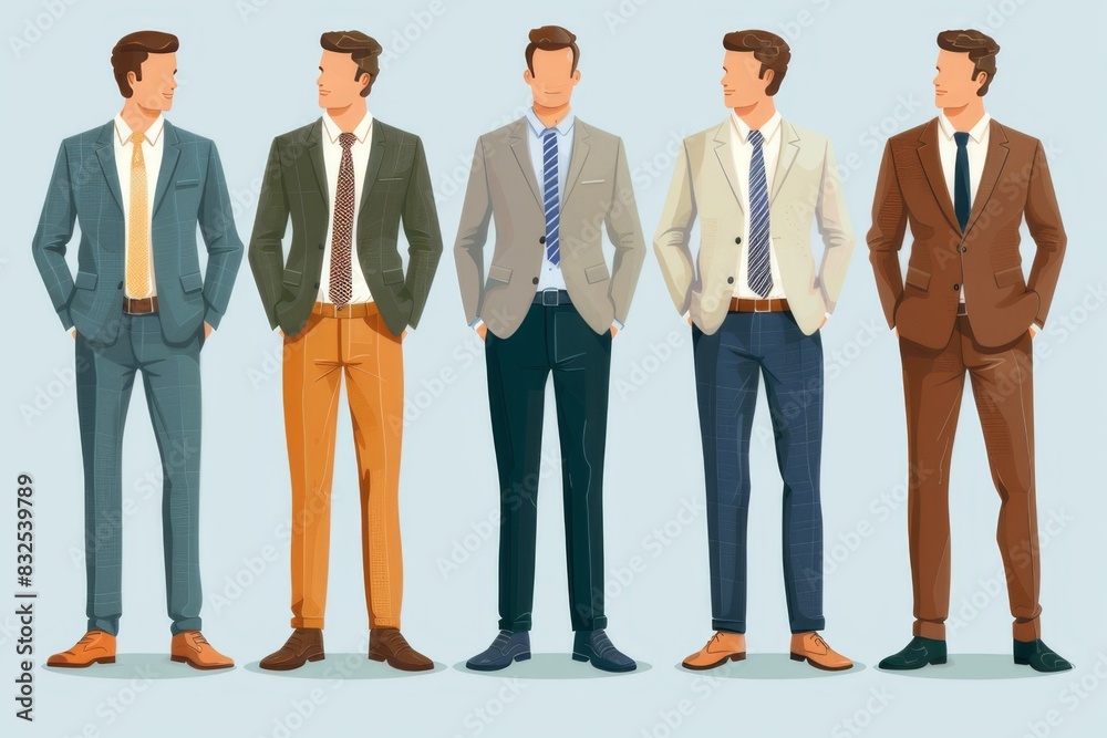 Fototapeta premium Vector Illustration of Five Businessmen in Different Colored Suits and Ties, Showcasing Various Professional Business Styles