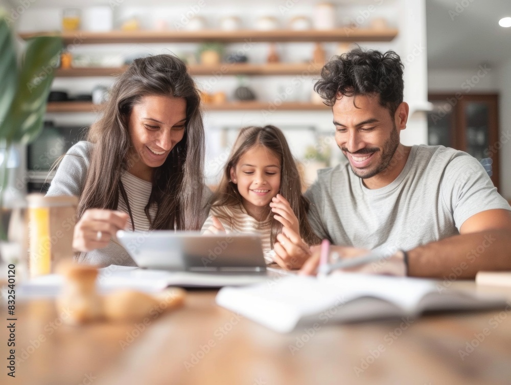Multiracial Family Engaged in Budget Planning at Kitchen Table with Digital and Paper Tools, Demonstrating Teamwork in a Homely Morning Setting Multiracial Family Engaged in Budget Planning at Kitchen Table with Digital and Paper Tools, Demonstrating Teamwork in a Homely Morning Setting