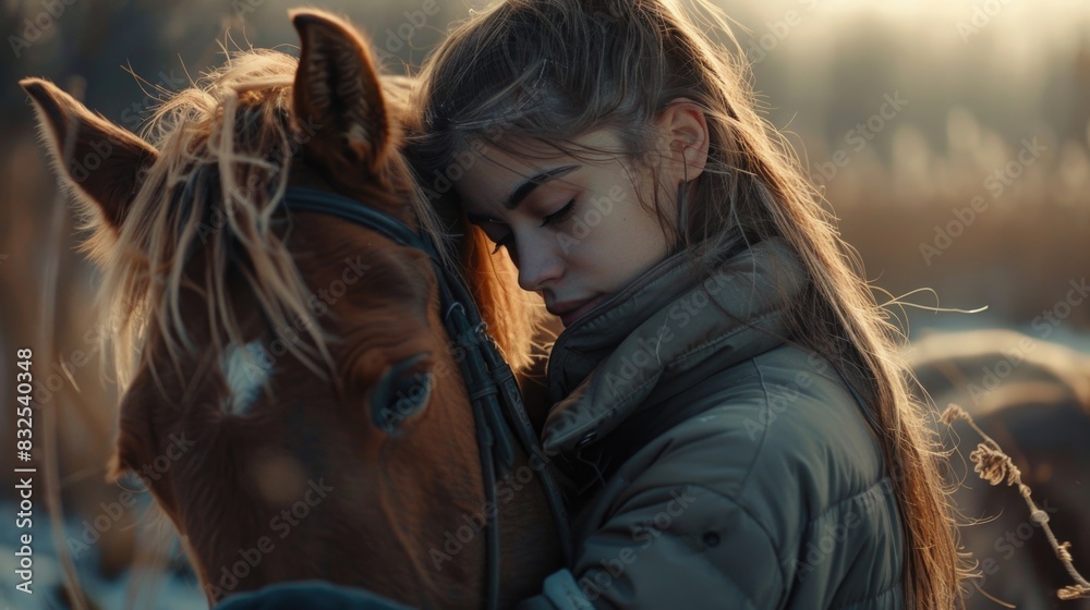 Obraz premium A young girl hugs a horse in an open field, surrounded by green grass and blue sky