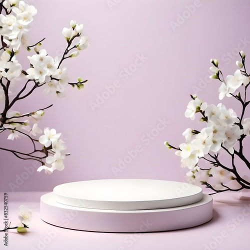 Round Podium Platform Stand for Product Presentation with White Blossom Flowers and Tree Branches on Both Sides