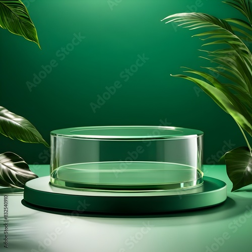 Round Transparent Glass Platform Podium on Green Wave Silk Satin Fabric Background with Blank Green Transparent Cylinder - Elegant Display Setup