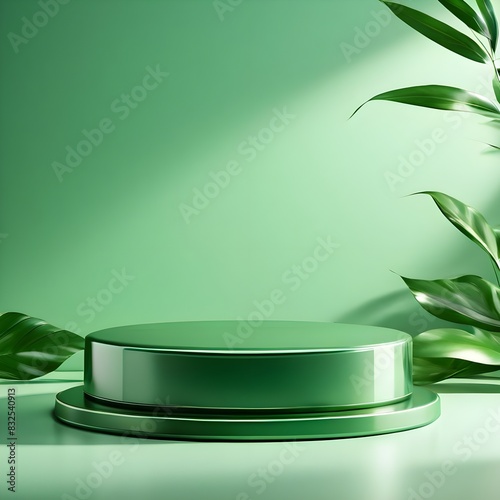 Round Transparent Glass Platform Podium on Green Wave Silk Satin Fabric Background with Blank Green Cylinder - Elegant Product Display