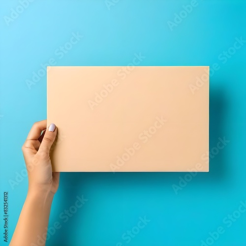 Person holding blank sheet of paper against blue backdrop, Woman Hand Holding Blank Rectangular Sheet of Brown Cardboard on Light Blue Background
