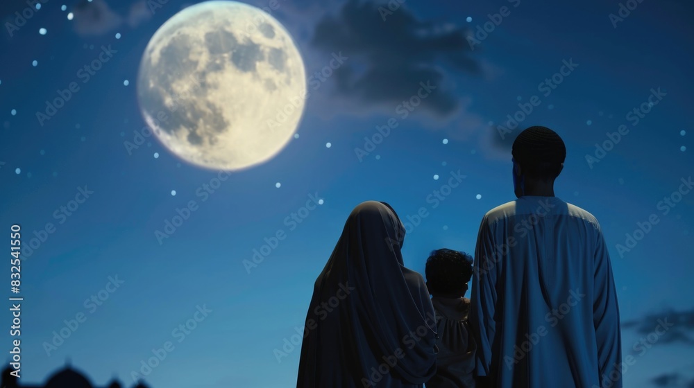 A group of people gathered around the full moon, with its bright light illuminating their faces