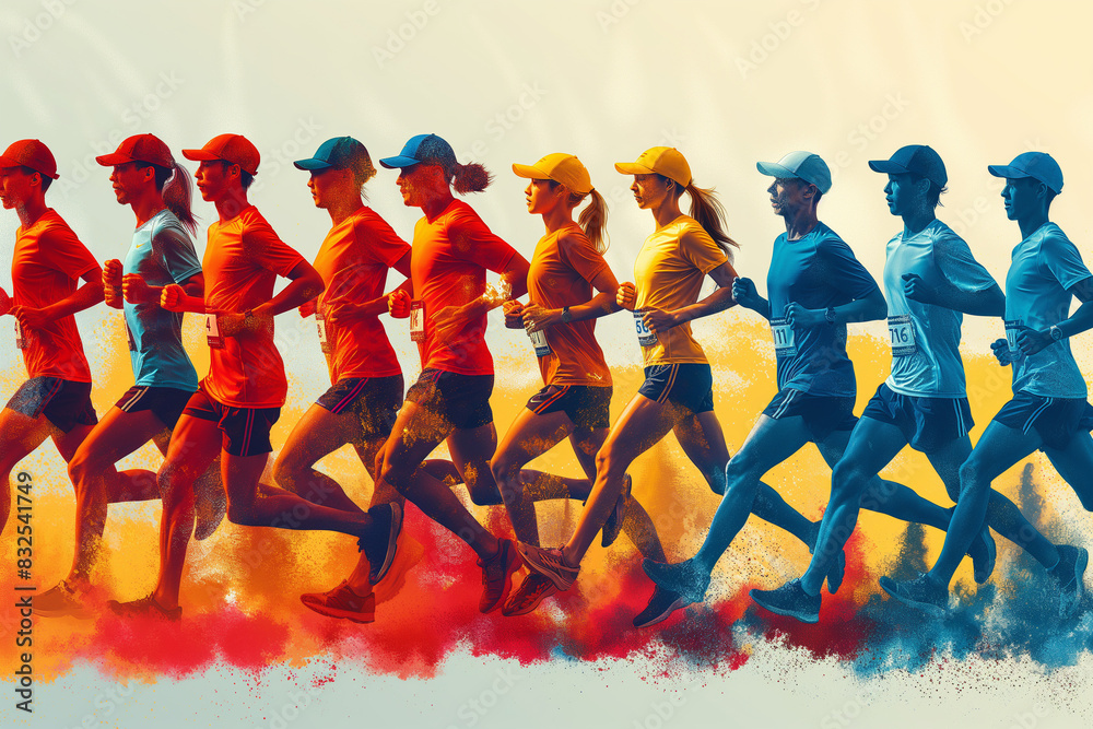 Obraz premium Vector illustration style. “Vibrant Marathon Runners in Action”. The colors bright and vibrant to reflect energy and movement, with the runner's expressions, outdoor activities around them.