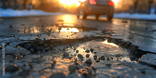 Poor street conditions: Damaged road with potholes near a car at dusk. Concept Damaged Infrastructure, Potholes, Vehicular Hazards, Street Maintenance, Urban Decay photo
