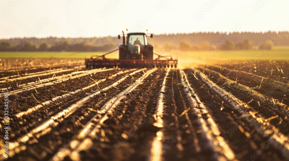 A disc harrow equipped with multiple rows and soil loosening blades attached to tractors in a sunny field A disc harrow equipped with multiple rows and soil loosening blades attached to tractors in a sunny field
