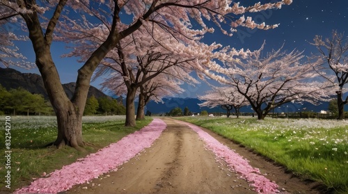 Cherry Blossom Path Under Night Sky