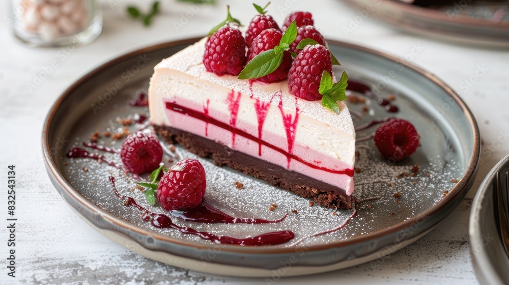 Tasty raspberry cheesecake presented on a plate Tasty raspberry cheesecake presented on a plate