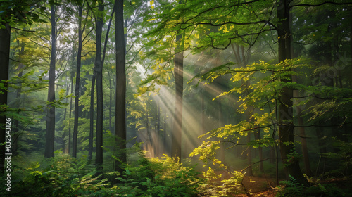 sunlight shining through the trees in a forest with green leaves