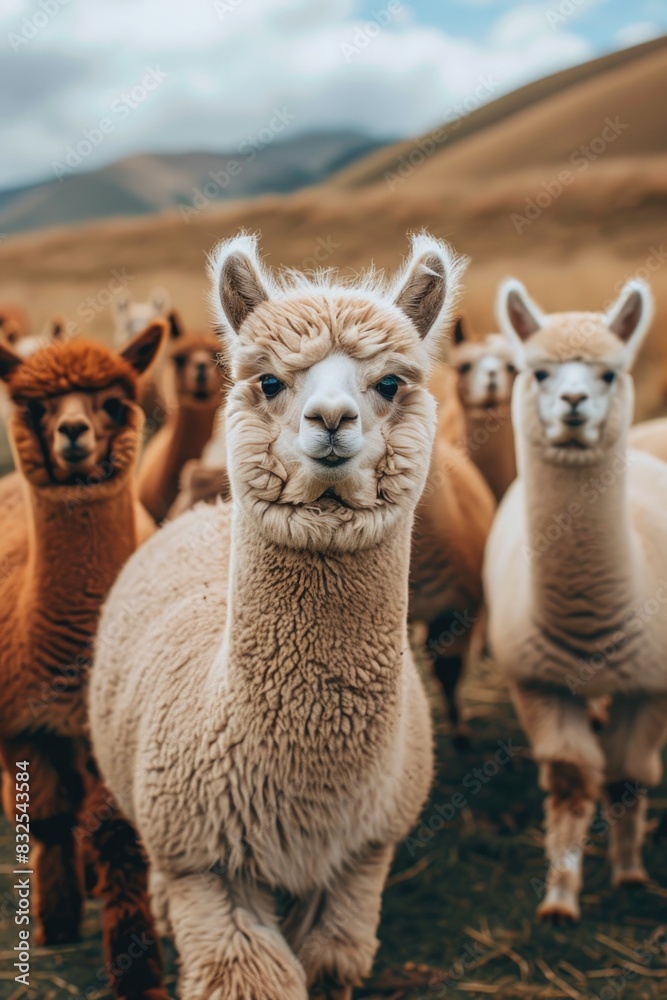 Fototapeta premium Group of llamas standing on a grassy field, suitable for travel or nature-themed images