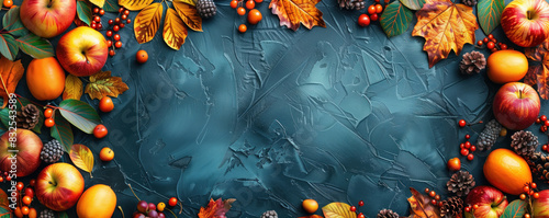 Autumn Fruits and Leaves Border on Textured Surface.
