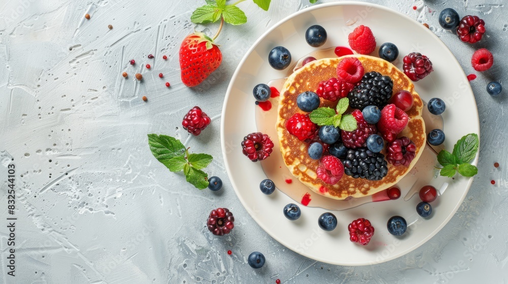 Summer pancake with berries on white plate. Food top view