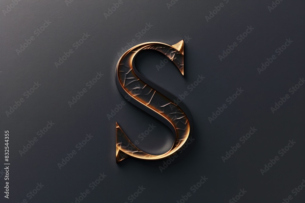 A stylized golden letter S on a black background, suitable for use in logos, branding, or design projects A stylized golden letter S on a black background, suitable for use in logos, branding, or design projects