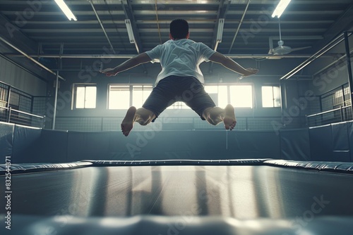 A person performing an aerial stunt on a recreational trampoline photo