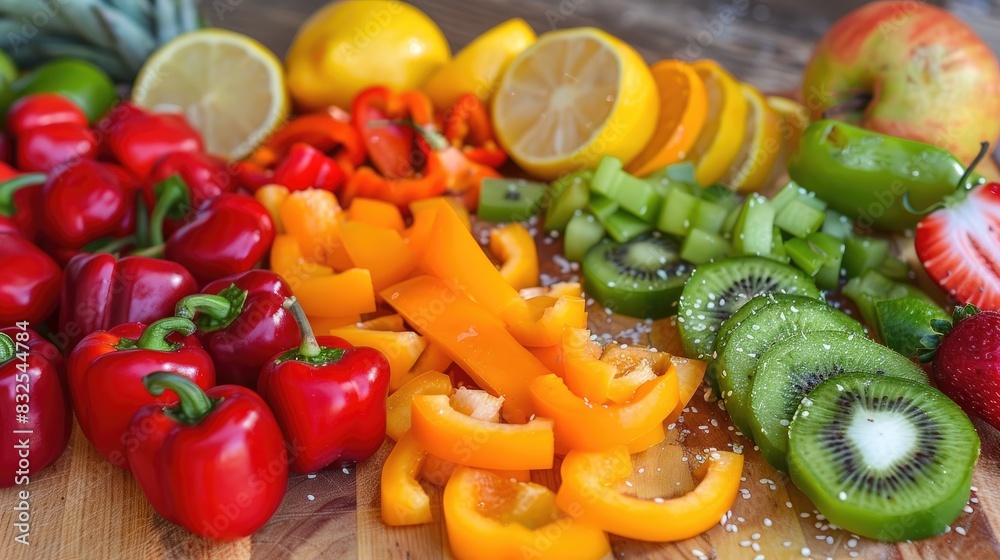 Vibrant Food Preparation Peppers Fruits and Vegetables Arranged on a Cutting Board Vibrant Food Preparation Peppers Fruits and Vegetables Arranged on a Cutting Board
