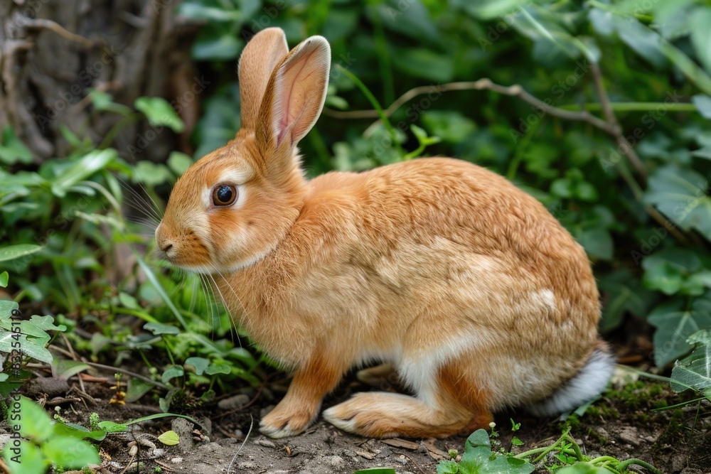 A brown rabbit sits on the ground in the midst of a dense forest A brown rabbit sits on the ground in the midst of a dense forest