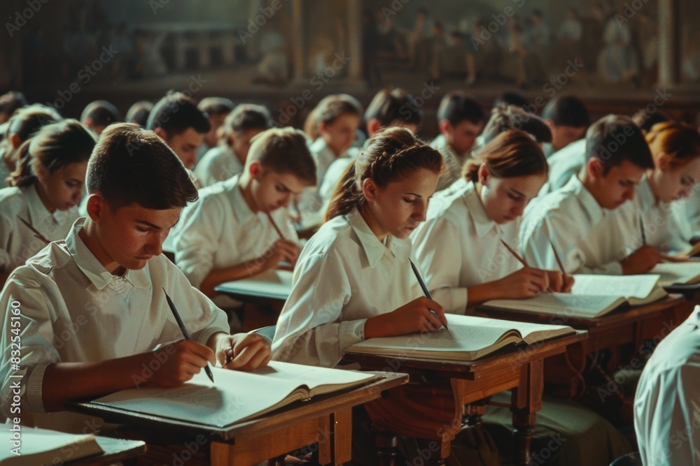 Group of students sitting at desks in a traditional classroom environment, ideal for education and learning-related concepts Group of students sitting at desks in a traditional classroom environment, ideal for education and learning-related concepts