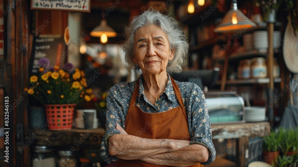 A senior woman stands at the entrance of her shop, an adult is waiting for customers at a coffee shop, and a successful business owner is wearing an apron A senior woman stands at the entrance of her shop, an adult is waiting for customers at a coffee shop, and a successful business owner is wearing an apron