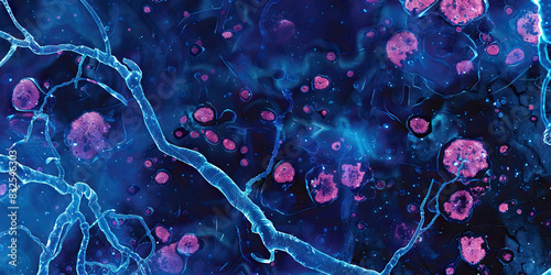 Cobalt blue fungal infection microscopy close up germs. Blue cell walls. photo