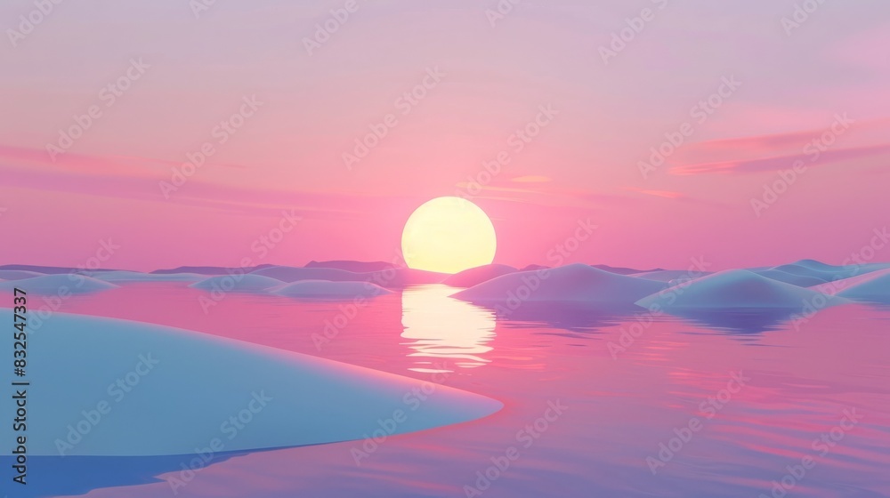 Serene pastel sunset over calm waters with soft hills reflecting hues of pink and purple, creating a tranquil and calming atmosphere. Serene pastel sunset over calm waters with soft hills reflecting hues of pink and purple, creating a tranquil and calming atmosphere.