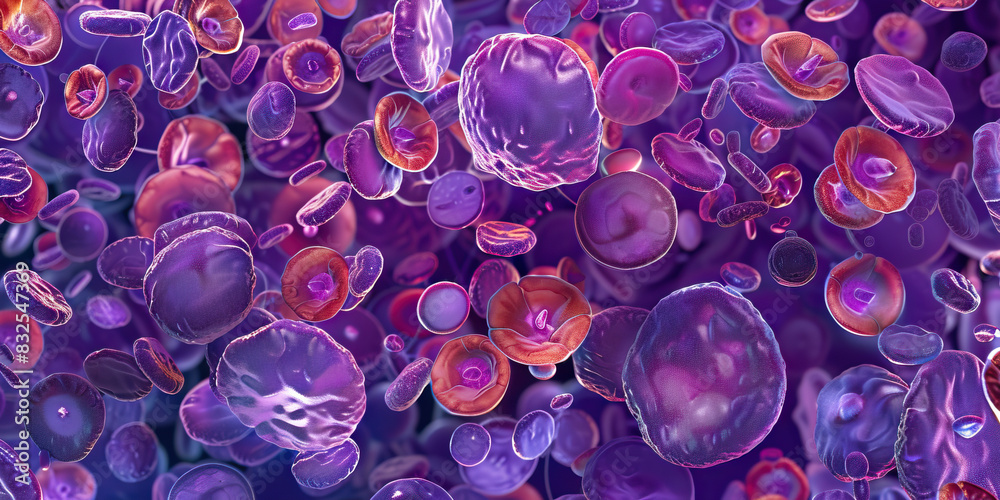 Purple Parasitic infestation of germs. Microscopy close up violet color cells. Purple Parasitic infestation of germs. Microscopy close up violet color cells.